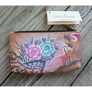 Anuschka Hand-painted Leather Med. Zipper Pouch Spring Butterfly Brown NWT Retir